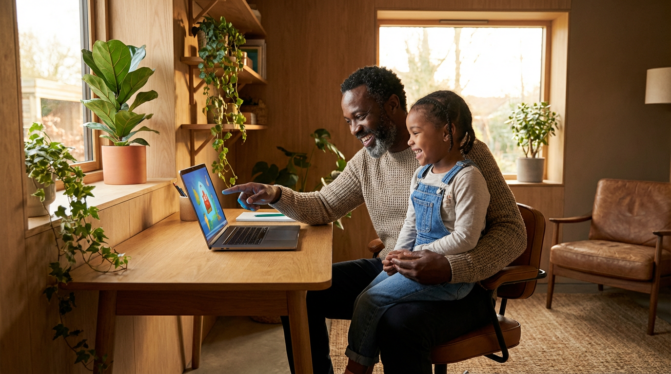 Father teaching daughter technology